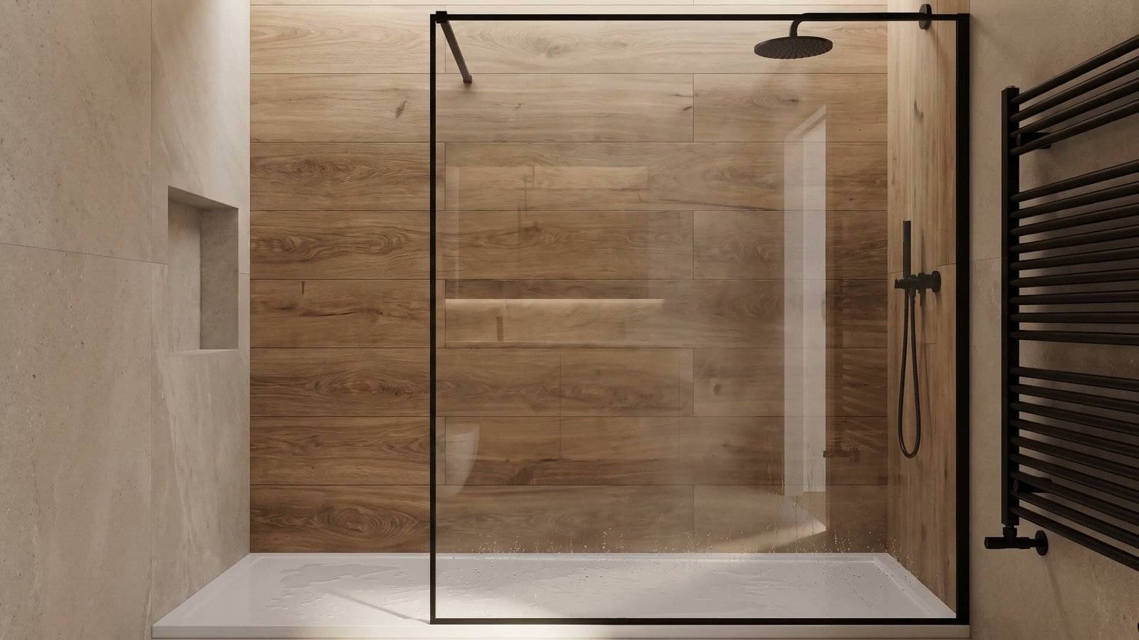 Baño con ducha a ras de suelo y pared imitación madera
